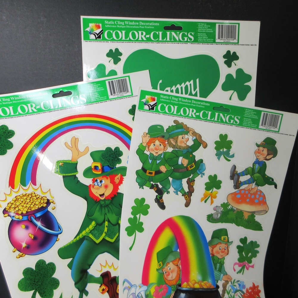 3 NEW St. Patrick's Day Color-Clings Static Window Decorations Leprechauns Vtg